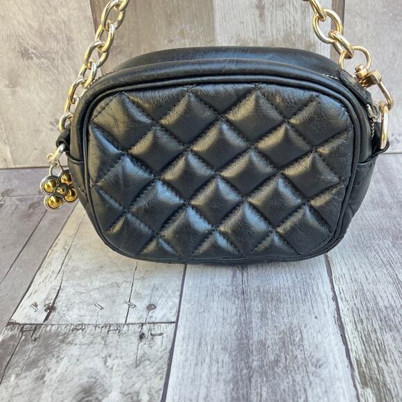 Brighton Mini Purse Handbag Black Quilted Leather Chain Zipper Preppy Minimalist - Picture 2 of 13